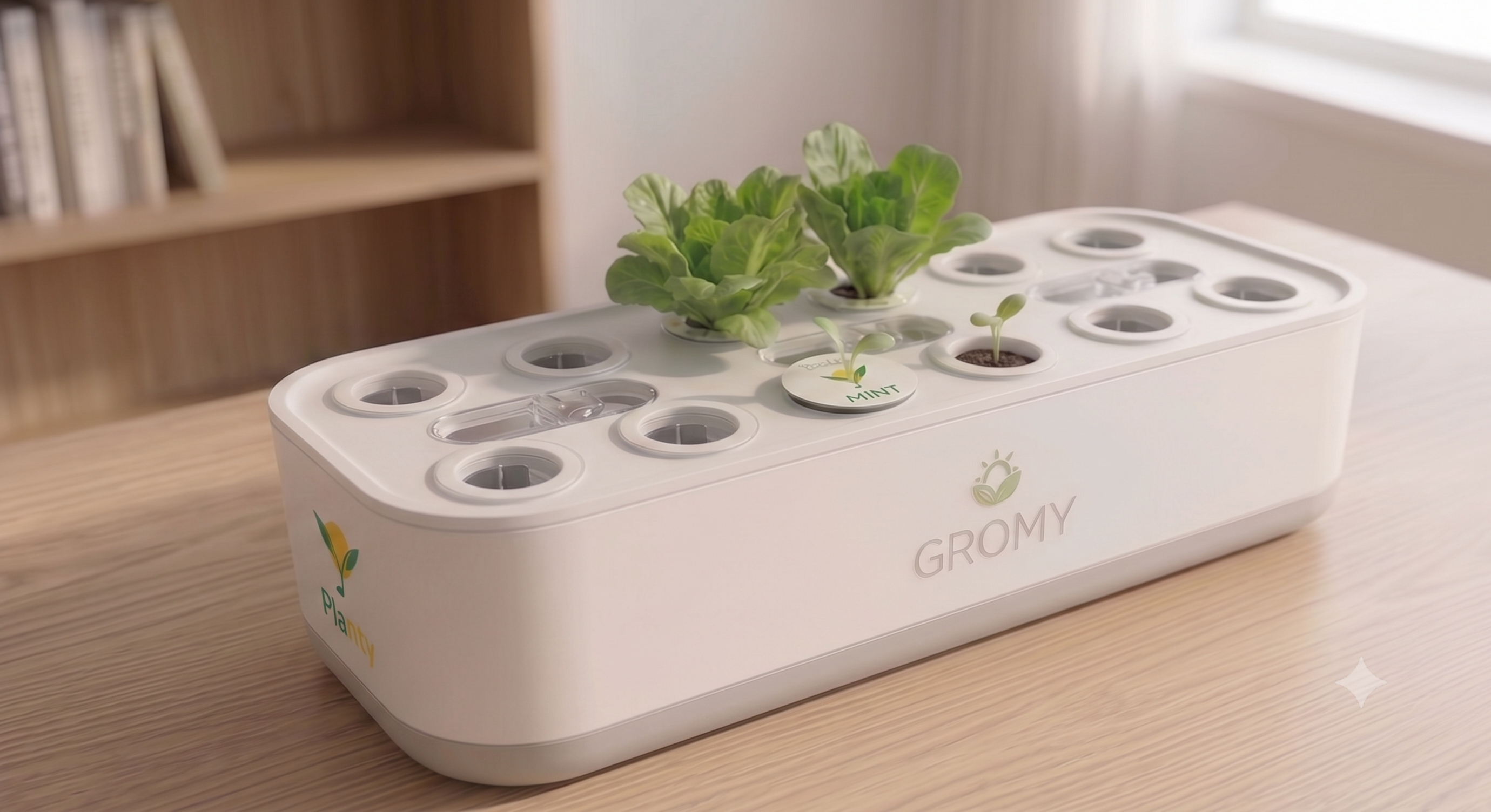GROMY countertop hydroponic garden growing lettuce and mint