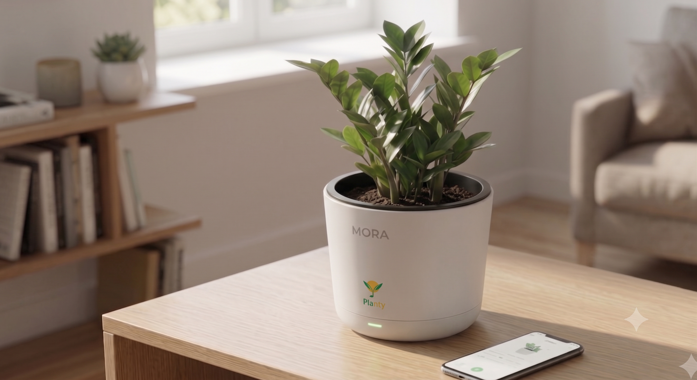 MORA smart pot on a living-room table next to the PLANTY companion app